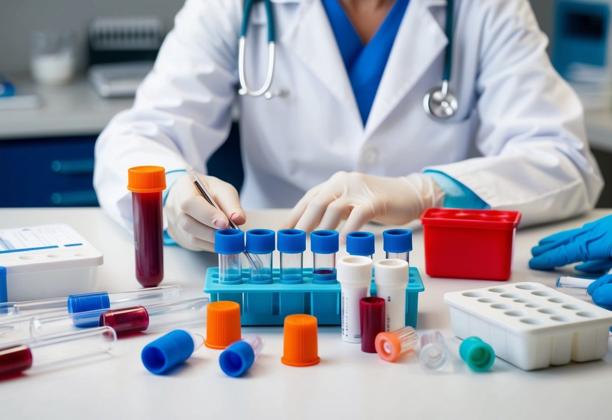 A table with various blood test tubes and equipment laid out for analysis by a medical professional