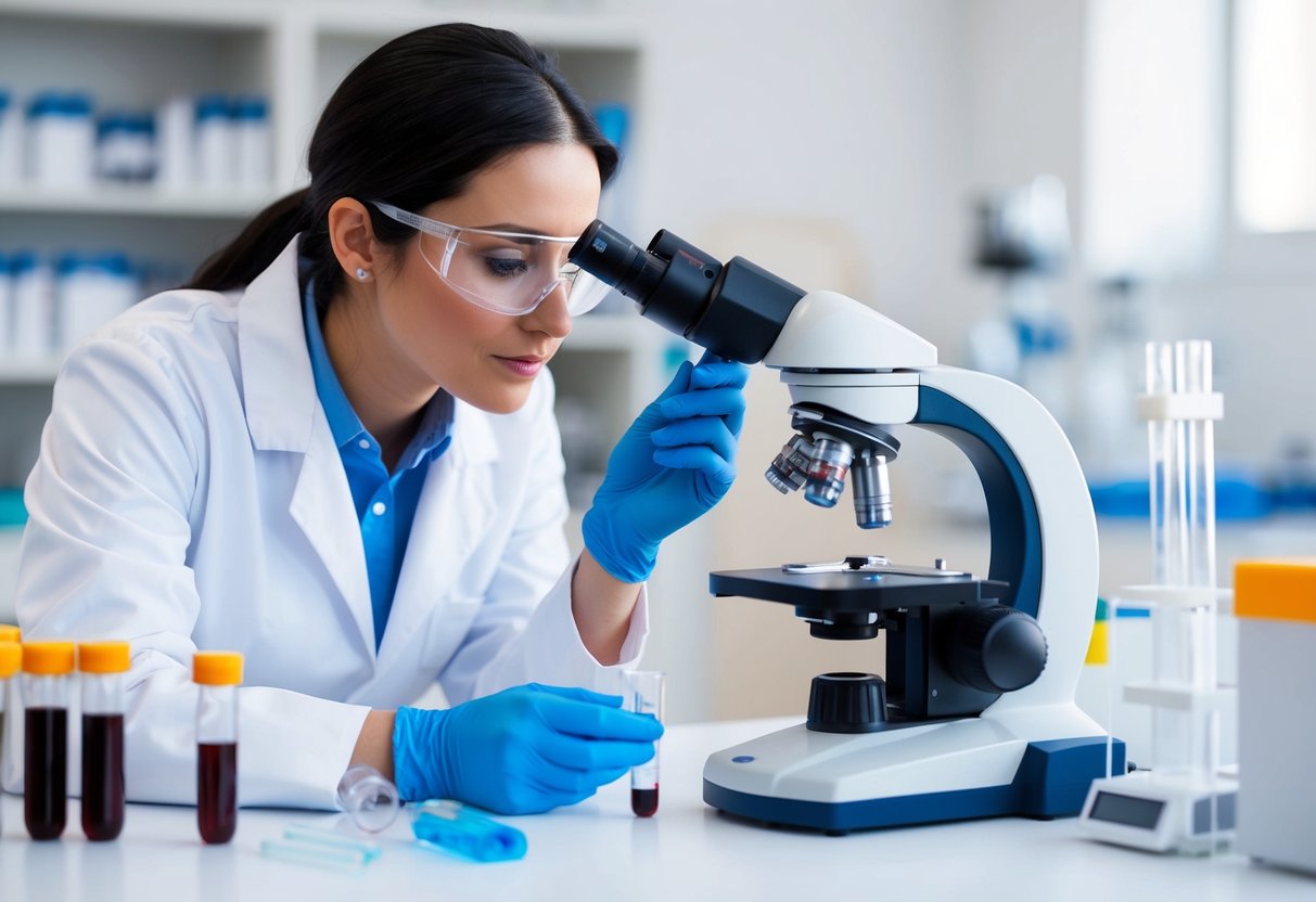 A lab technician examines a blood sample under a microscope, surrounded by test tubes and scientific equipment