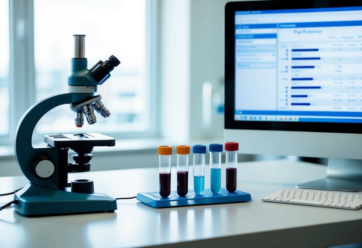 A laboratory table with blood test tubes, a microscope, and a computer displaying blood analysis results