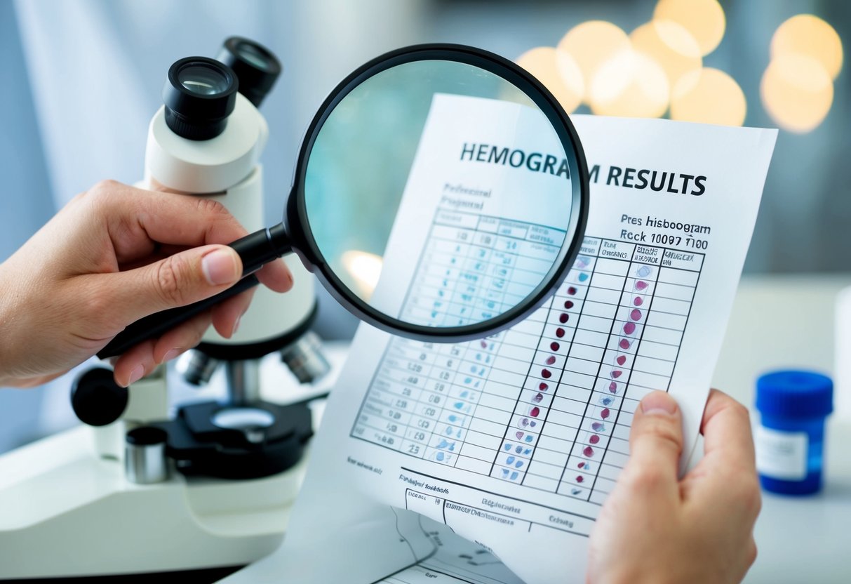 A hand holding a printed hemogram results sheet, with a magnifying glass analyzing the details. Various blood cells are visible under the microscope