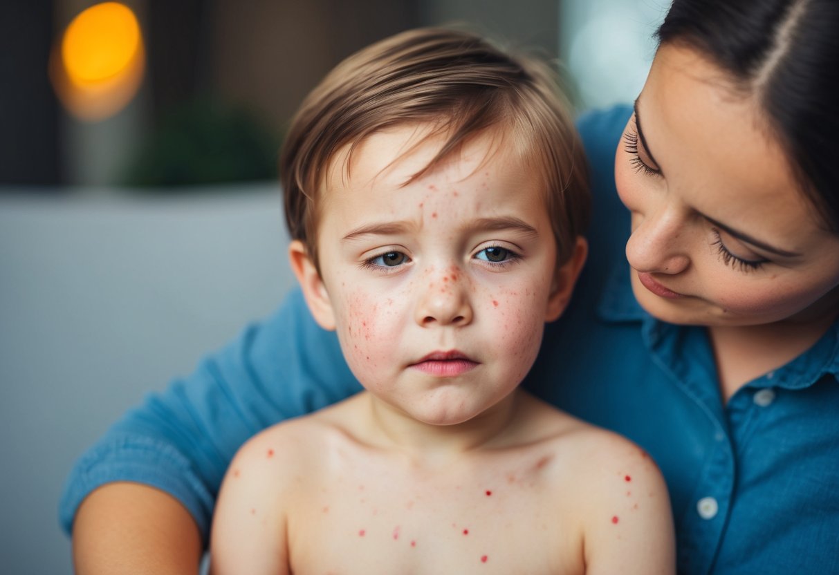 A child with chickenpox symptoms, scratching and discomfort. Red spots and blisters cover the body. Illustrate a worried parent seeking advice