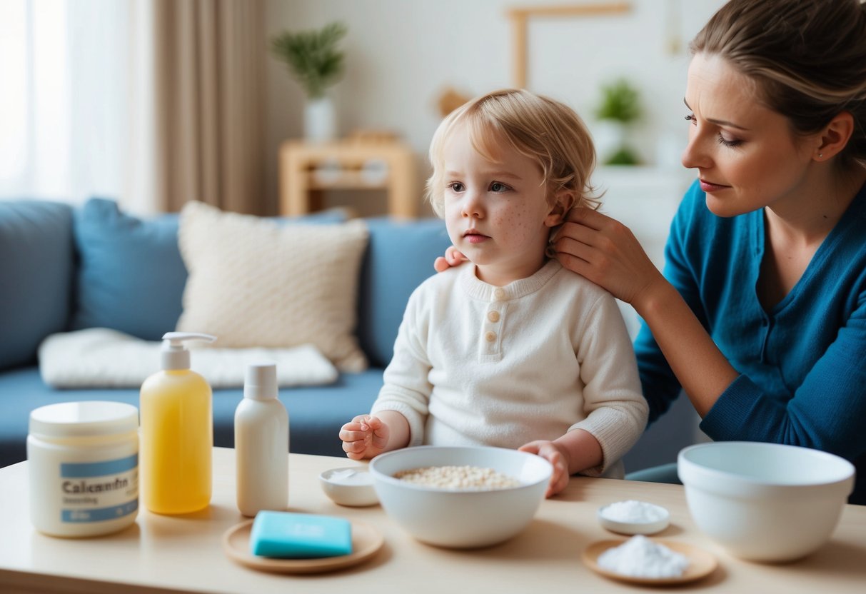 A child with chickenpox sits in a cozy room, surrounded by soothing remedies like oatmeal baths and calamine lotion. A concerned parent offers comfort and care