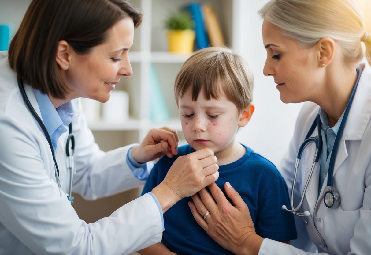 A child with chickenpox is being comforted by a caregiver, while a doctor provides treatment and advice. The child's skin shows red, itchy spots