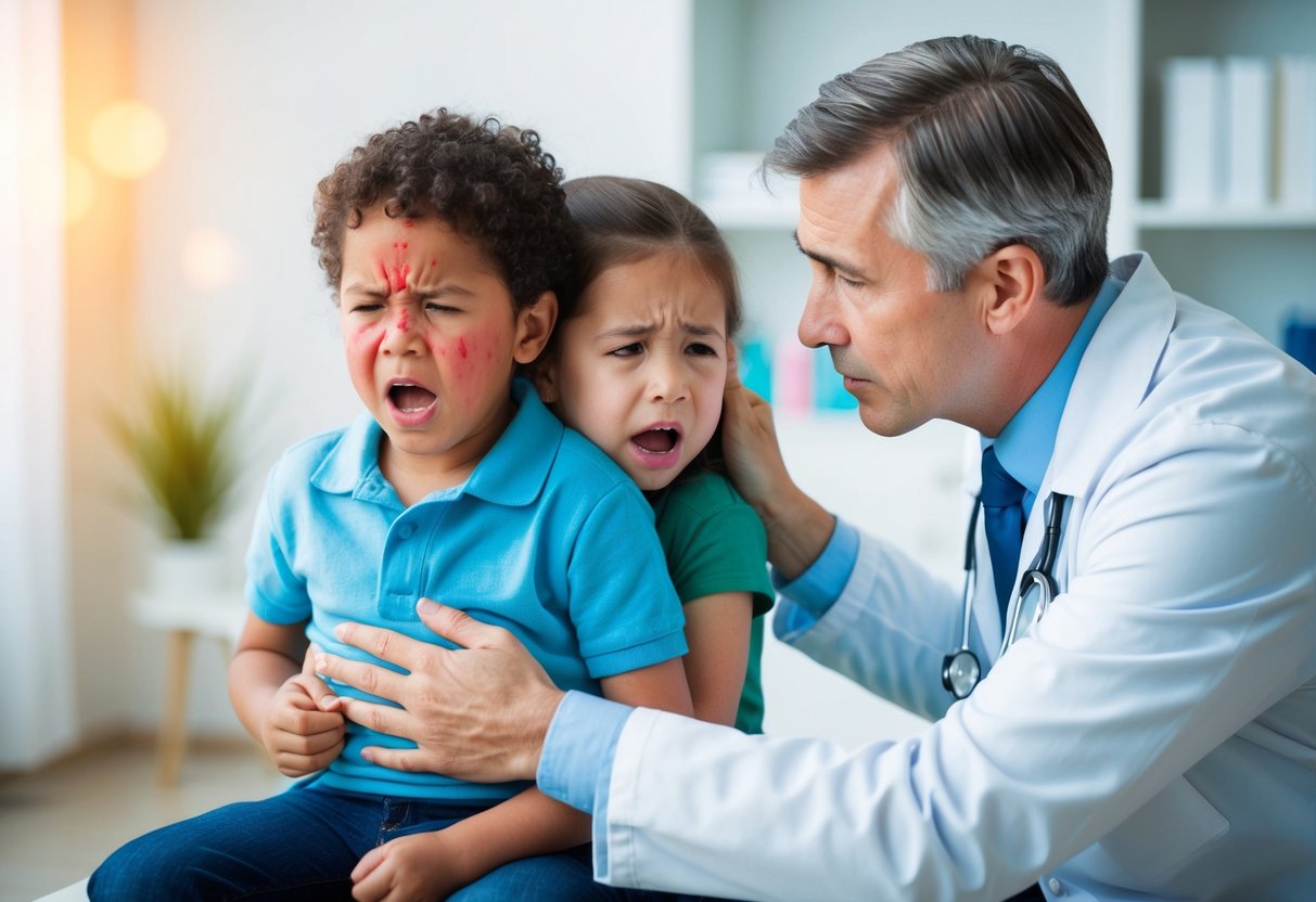 A worried parent holding a crying child, while a concerned doctor examines the rash. The child's red, itchy skin and the doctor's comforting gesture convey the concern of dealing with chickenpox