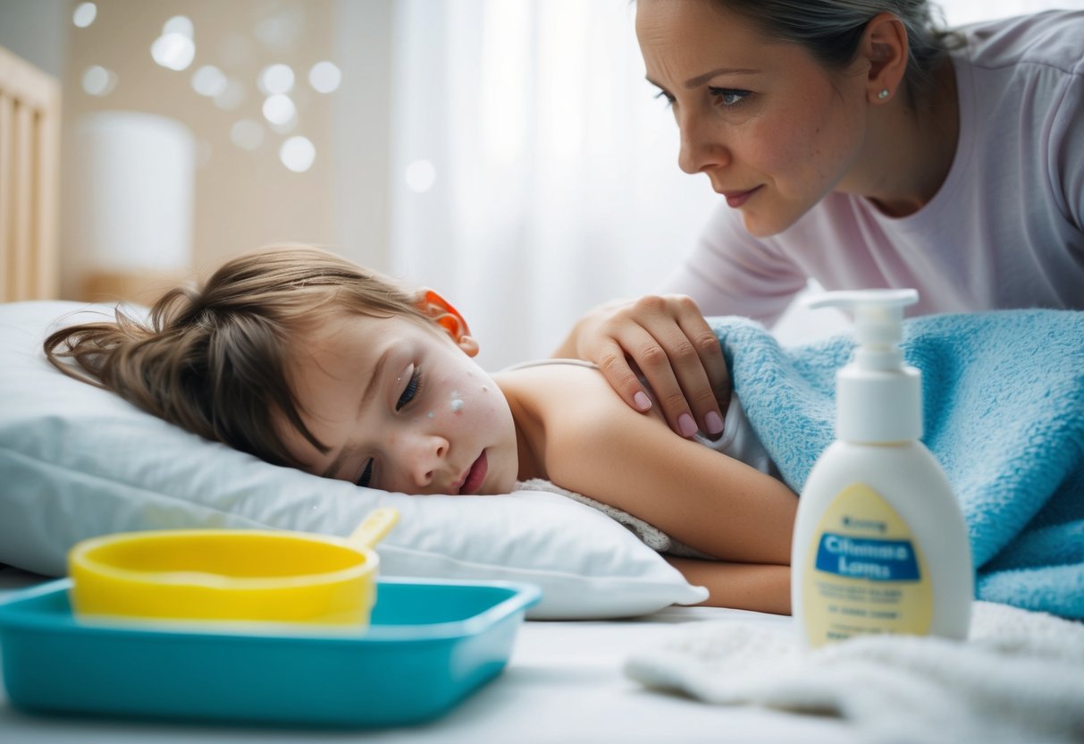 A child with chickenpox rests in bed, surrounded by soothing remedies like oatmeal baths and calamine lotion. A concerned parent looks on with a comforting touch