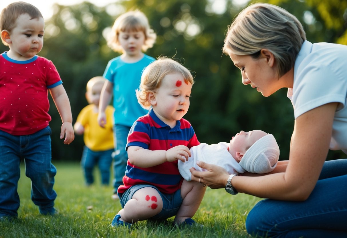 A group of young children playing outdoors, some with red spots on their skin. A concerned adult tending to a sick infant