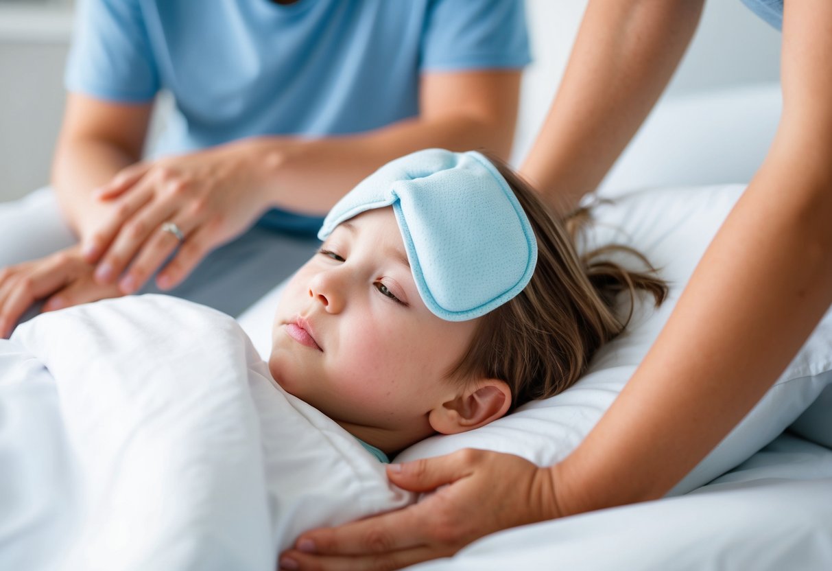 A child with chickenpox, resting in bed with a cool compress on their forehead. A concerned parent or caregiver is nearby, offering comfort and care