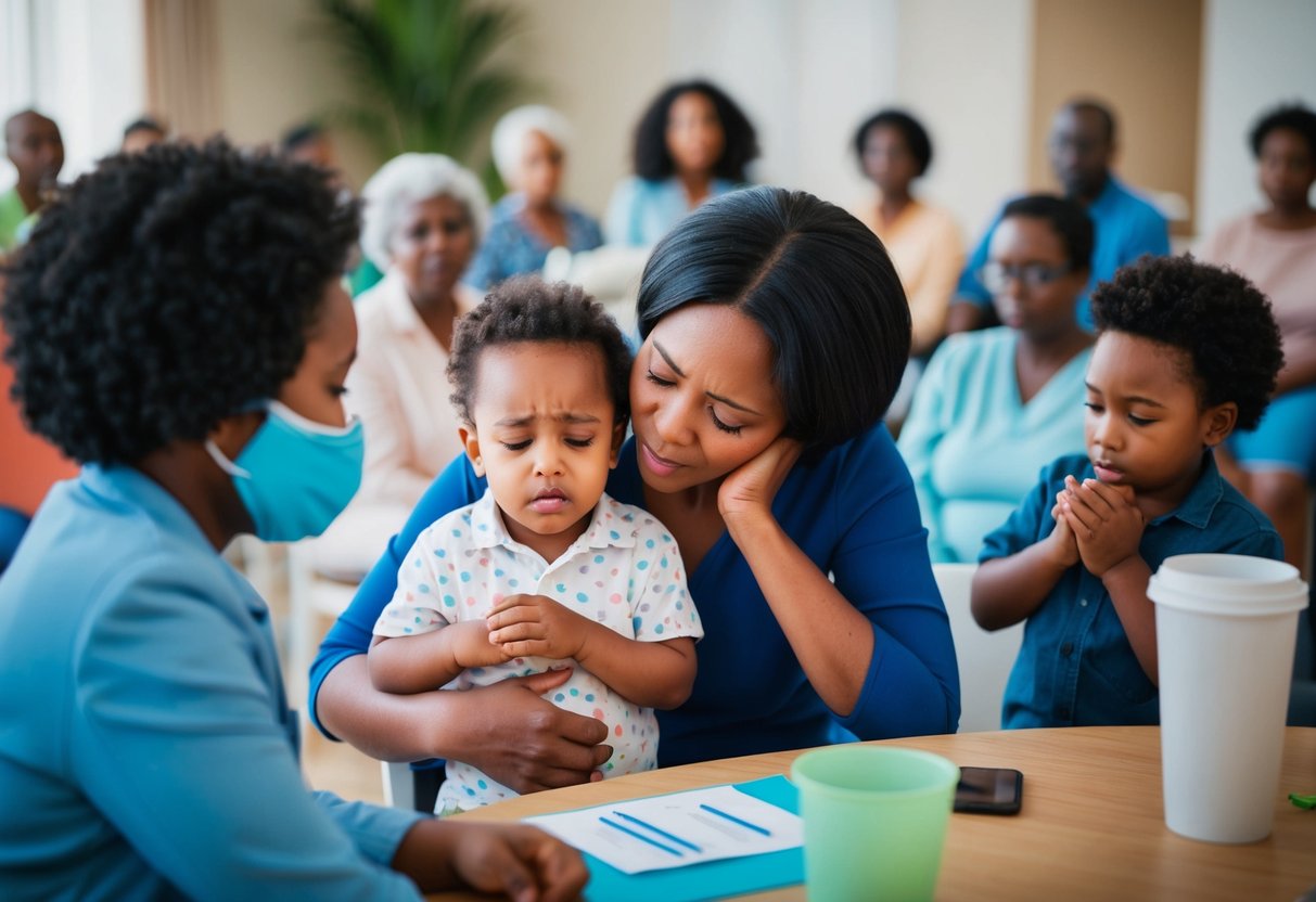 A parent comforting a sick child with chickenpox, while a concerned community gathers to learn about prevention and treatment