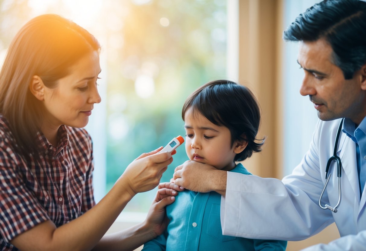 A parent comforting a sick child with a thermometer in hand, while a concerned doctor offers advice