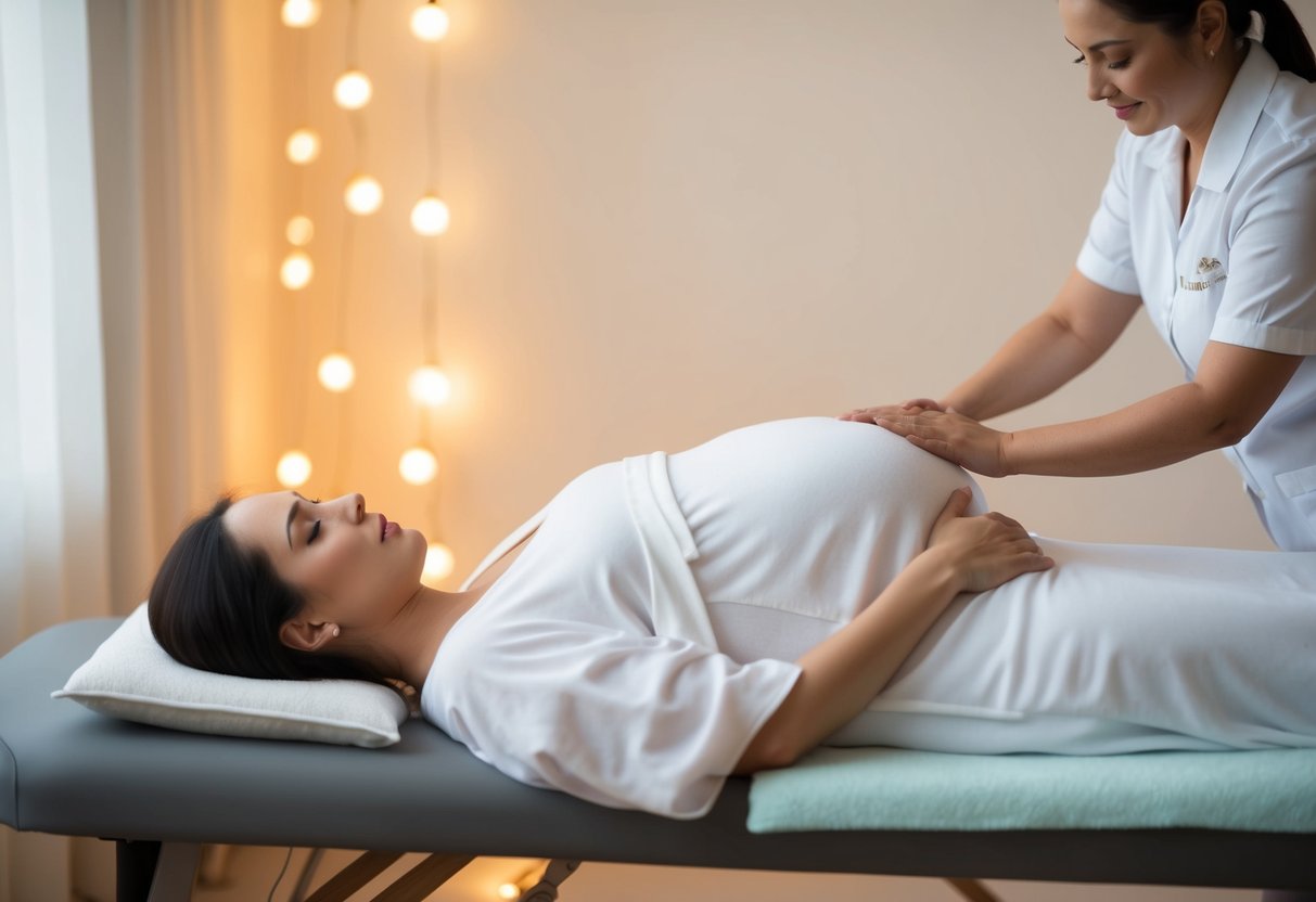 A serene pregnant woman reclines on a comfortable massage table, surrounded by soft lighting and soothing music, as a skilled masseuse gently applies techniques to promote relaxation and alleviate discomfort