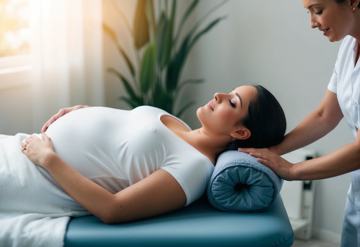 A pregnant woman lying on her side, receiving a gentle massage on her back and shoulders from a professional masseuse in a peaceful and comfortable environment