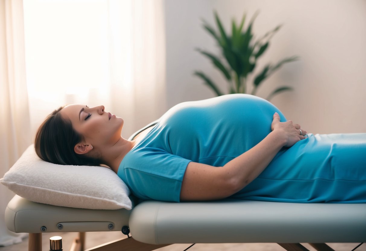 A serene pregnant woman reclining on a comfortable massage table, surrounded by calming essential oils and soft, ambient lighting