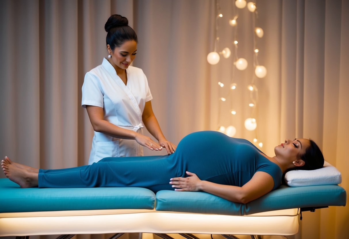 A pregnant woman reclines on a cushioned table, surrounded by soft lighting and calming music. A masseuse stands nearby, ready to provide a gentle and soothing massage