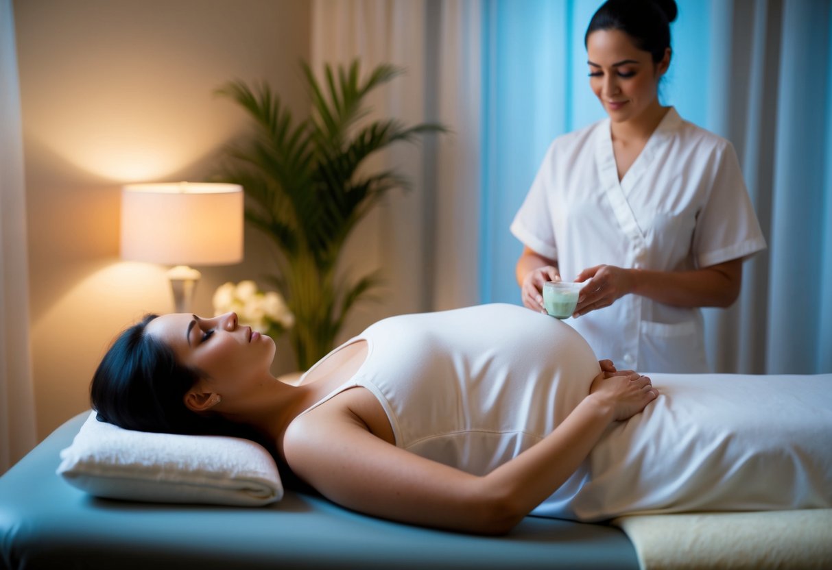 A serene pregnant woman lies on a comfortable massage table, surrounded by soft lighting and soothing music. A professional masseuse stands nearby, preparing to provide a prenatal massage