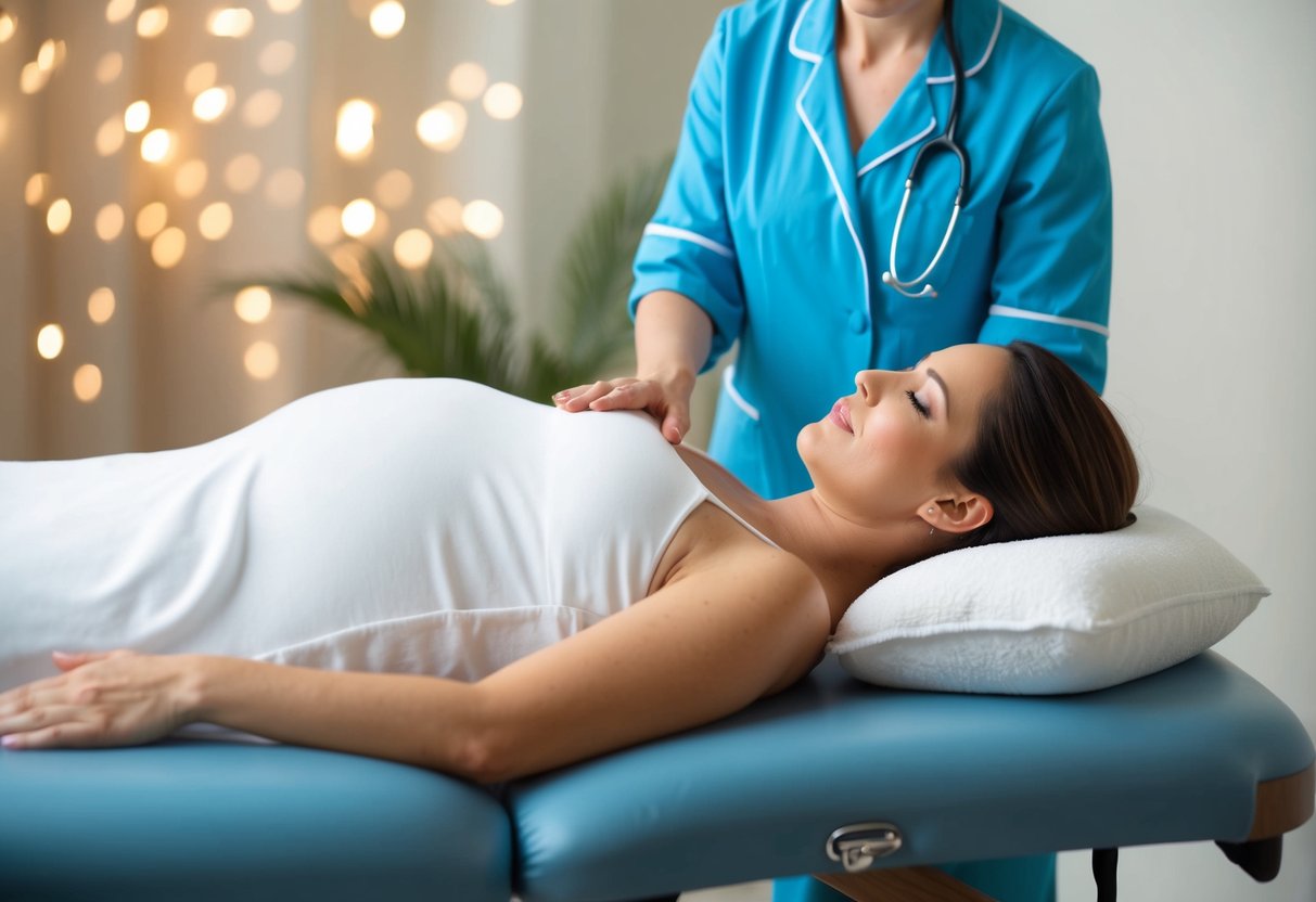 A pregnant woman lying on a massage table, receiving a gentle massage from a professional masseuse in a calm and soothing environment