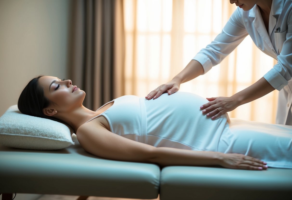 A serene pregnant woman reclines on a comfortable massage table as a professional masseuse gently applies soothing techniques to her shoulders and back