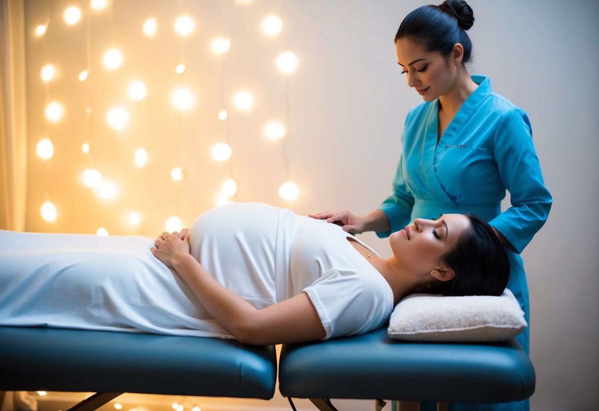 A serene pregnant woman reclines on a comfortable massage table, surrounded by soft lighting and soothing music. A skilled masseuse stands nearby, ready to provide a gentle and nurturing prenatal massage