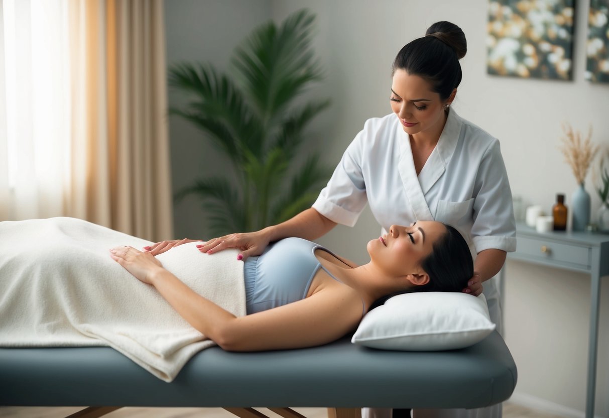 A serene pregnant woman reclines on a comfortable massage table while a skilled masseuse administers a soothing prenatal massage. The room is softly lit and filled with calming aromas