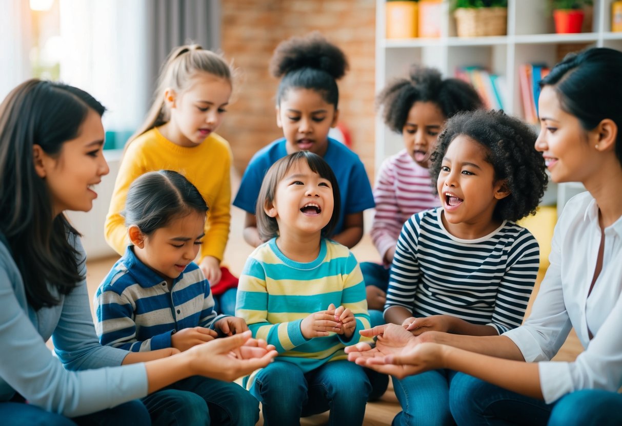 A group of children engaging in various emotional activities, guided by attentive parents