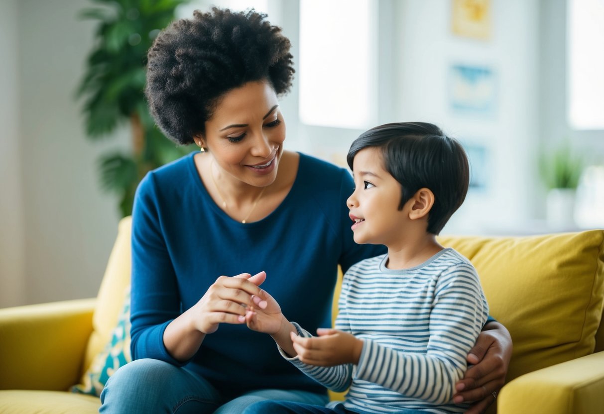 A parent and child engage in a meaningful conversation, expressing empathy and understanding. The parent demonstrates patience and active listening, creating a safe and nurturing environment for emotional growth