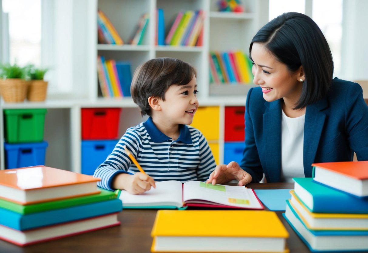 A child sitting at a desk, surrounded by books and colorful educational materials. A parent is engaged in conversation, offering guidance and support