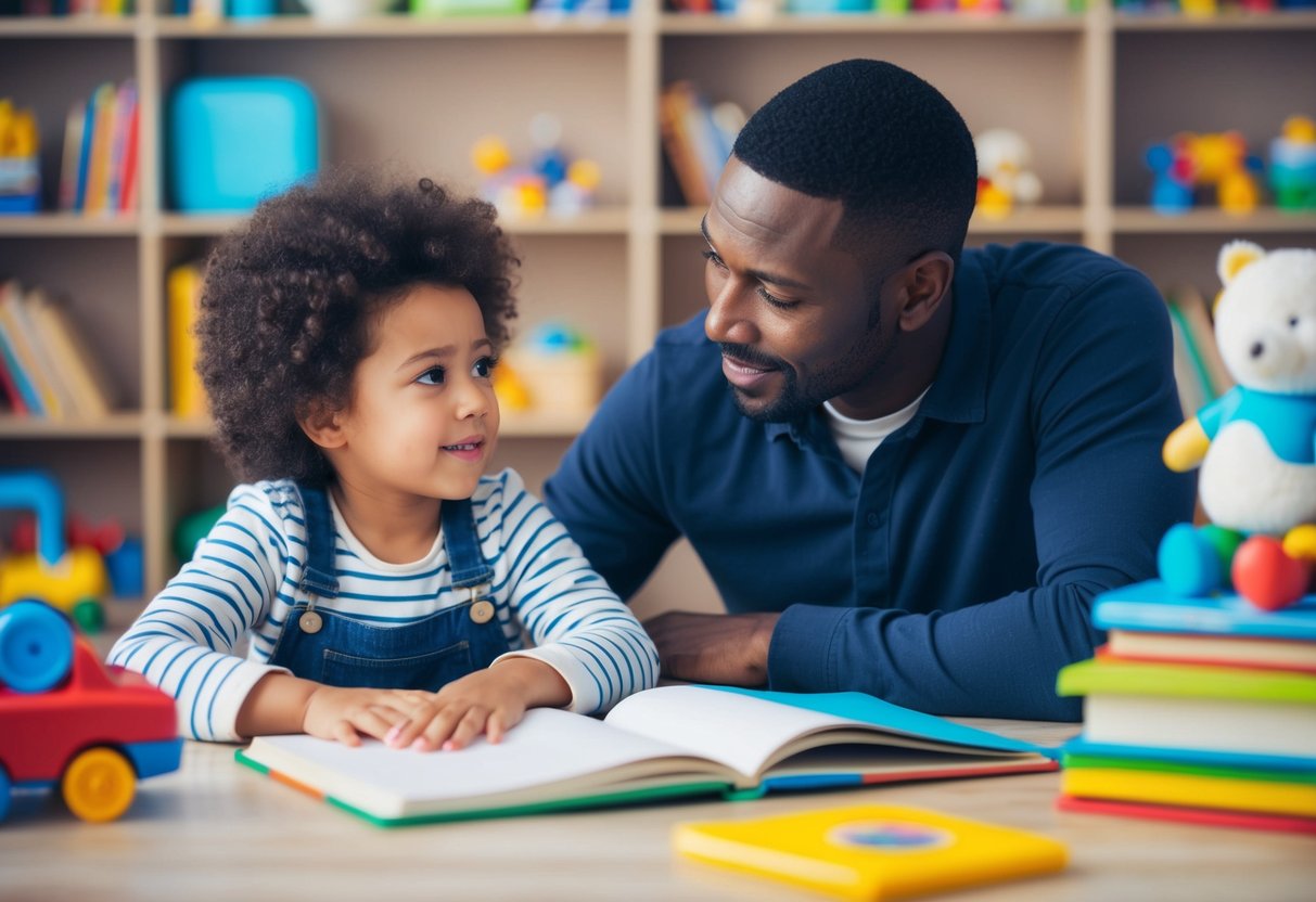 A parent and child engage in a heartfelt conversation, surrounded by toys and books. The parent listens attentively, offering guidance and support