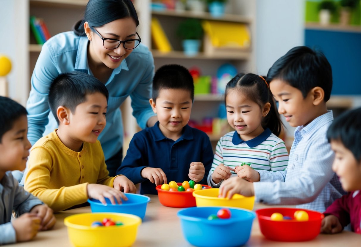 A group of children engage in activities that promote emotional intelligence, such as sharing and cooperating. A parent observes and offers guidance