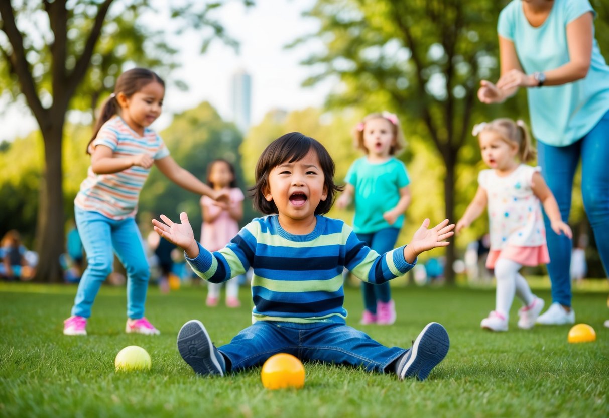 A child playing in a park, expressing a range of emotions through facial expressions and body language. Other children and parents are present, engaging in various activities