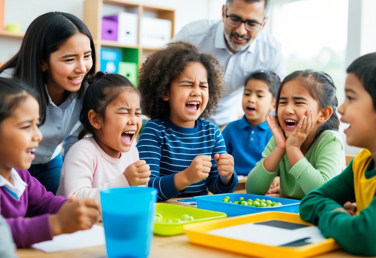 A group of children engaged in various activities, expressing emotions like joy, frustration, and empathy. A parent observes, offering guidance and support