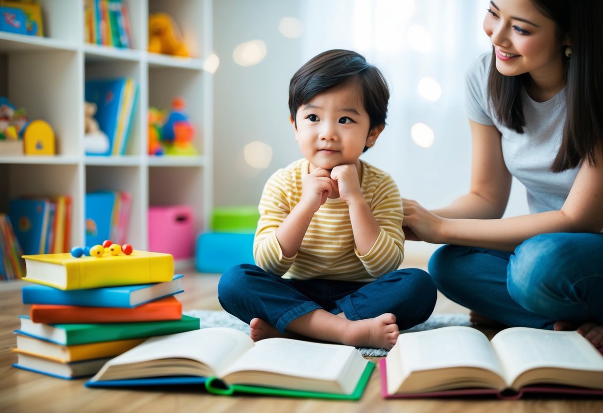 A child sits cross-legged, surrounded by books and toys, with a thoughtful expression on their face. A parent looks on with a smile, offering gentle guidance