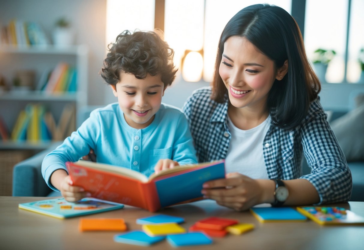 A parent and child engage in various activities, such as reading and playing games, to nurture emotional intelligence