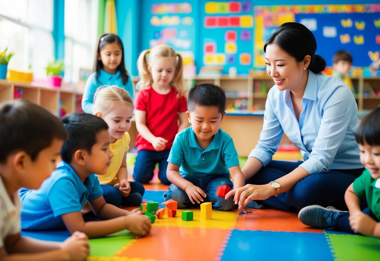 A group of children playing in a colorful and vibrant classroom, while a calm and attentive adult figure observes and interacts with them