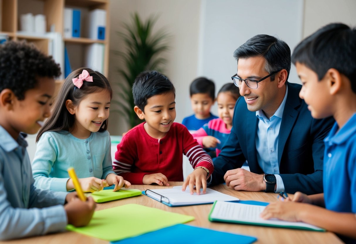 A group of children engage in various activities, guided by a psychologist. The psychologist observes and interacts with the children, offering guidance and support