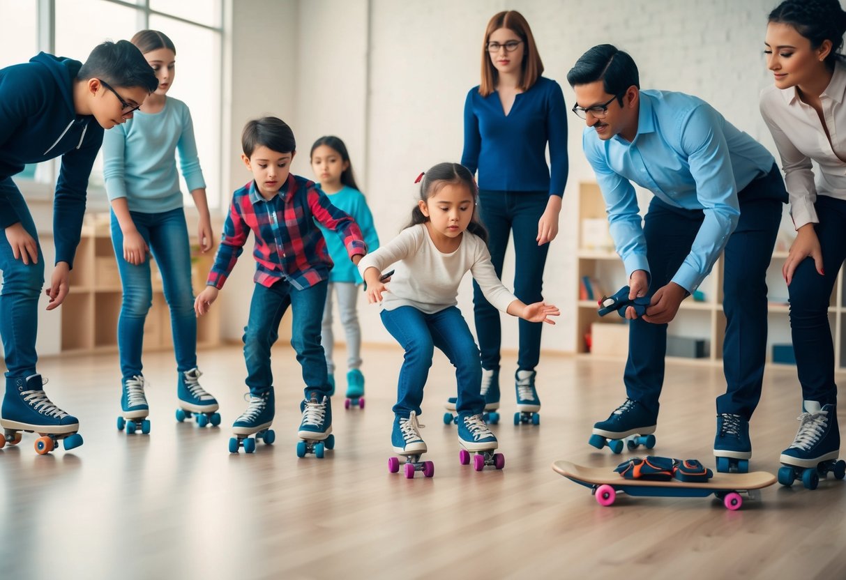 A group of children using skates and disciplinary tools while psychologists observe and offer guidance on solving behavioral issues