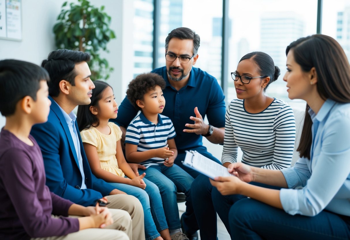 A group of parents and children engage in conversation with a psychologist, addressing behavioral issues and expectations. The psychologist offers guidance and recommendations for resolving these challenges