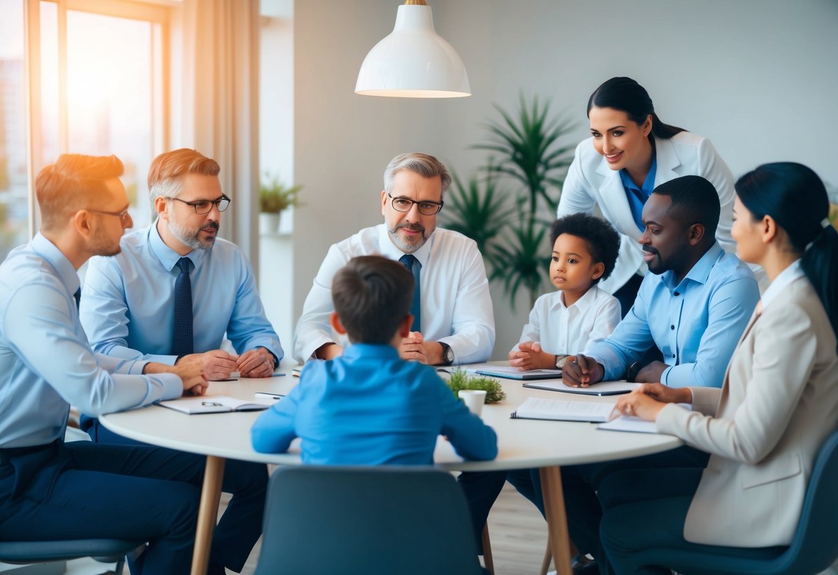 A group of specialists gathered around a table, discussing and sharing recommendations for solving children's behavioral problems within a family setting