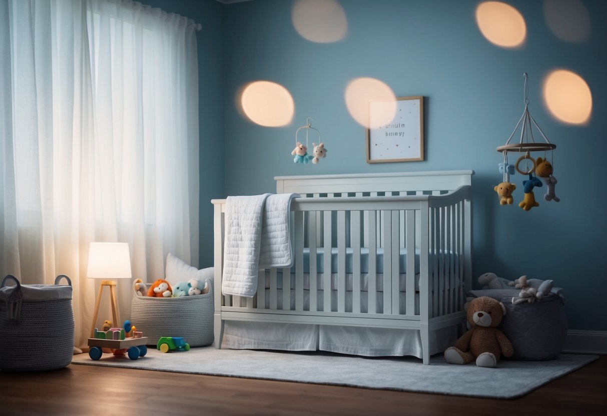 A peaceful nursery with a cozy crib, soft blankets, and a gentle nightlight. Toys are neatly organized, and a soothing lullaby plays in the background