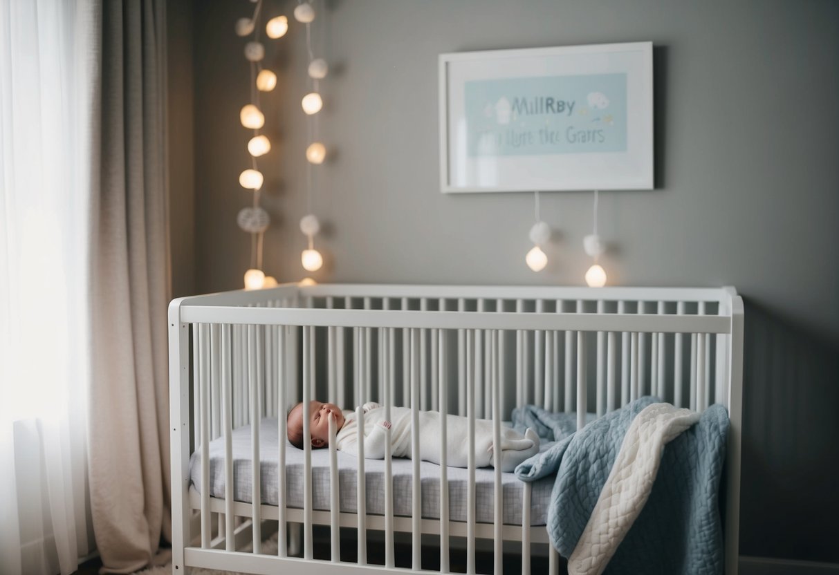 A peaceful nursery with a cozy crib, soft blankets, and dim lighting. A soothing lullaby plays in the background as the baby drifts off to sleep