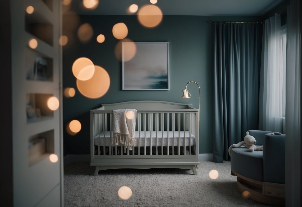 A peaceful nursery with dim lighting, a cozy crib, and soft, soothing music playing in the background