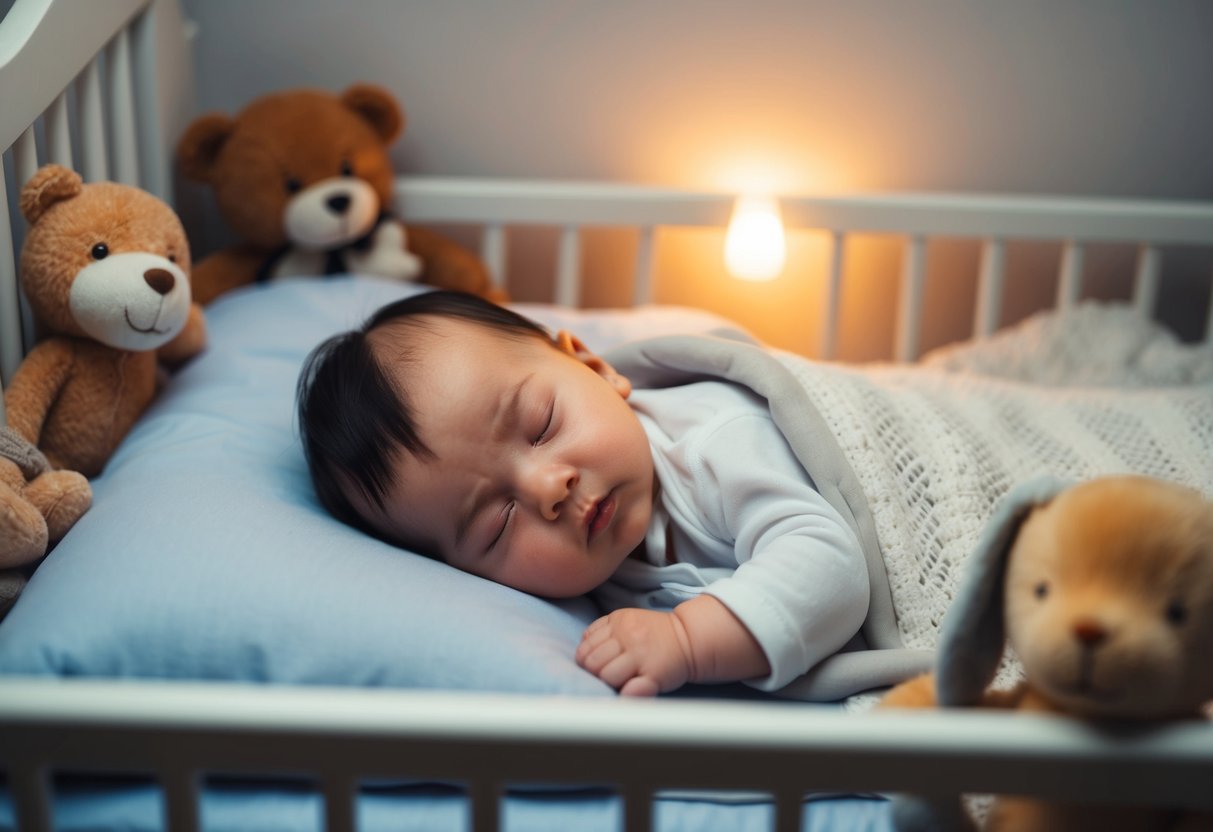 A peaceful baby sleeping in a cozy crib with a soft blanket, surrounded by stuffed animals and a dim night light casting a warm glow