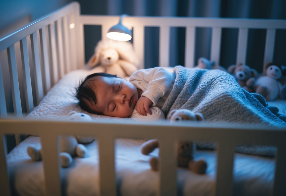 A peaceful baby sleeping in a cozy crib, surrounded by soft blankets and stuffed animals. A dim night light casts a gentle glow in the room