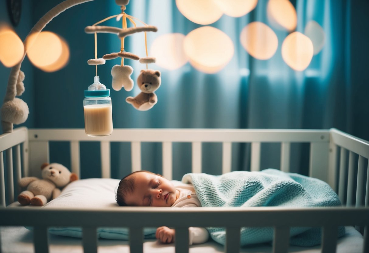 A cozy crib with a soft blanket and a mobile overhead. A warm bottle of milk and a plush toy nearby. A peaceful sleeping baby in a dimly lit room