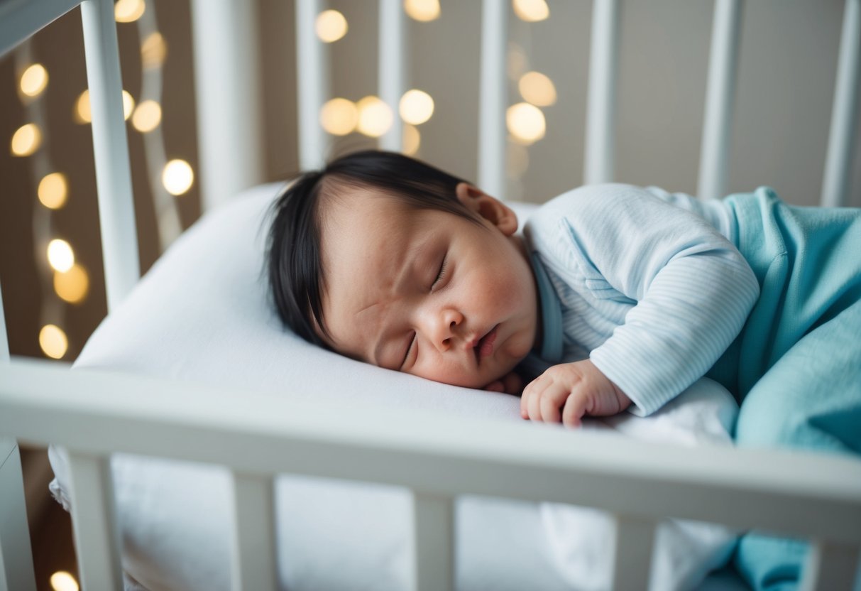 A peaceful baby sleeping in a crib, surrounded by a soft and soothing environment with gentle lighting and comforting objects nearby