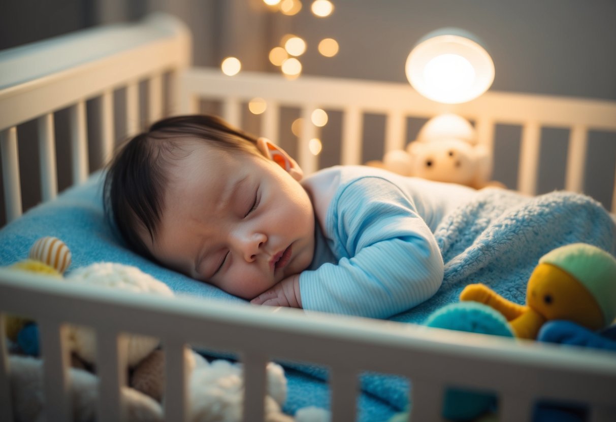 A peaceful baby sleeping in a cozy crib, surrounded by soft blankets and toys, with a gentle nightlight casting a warm glow