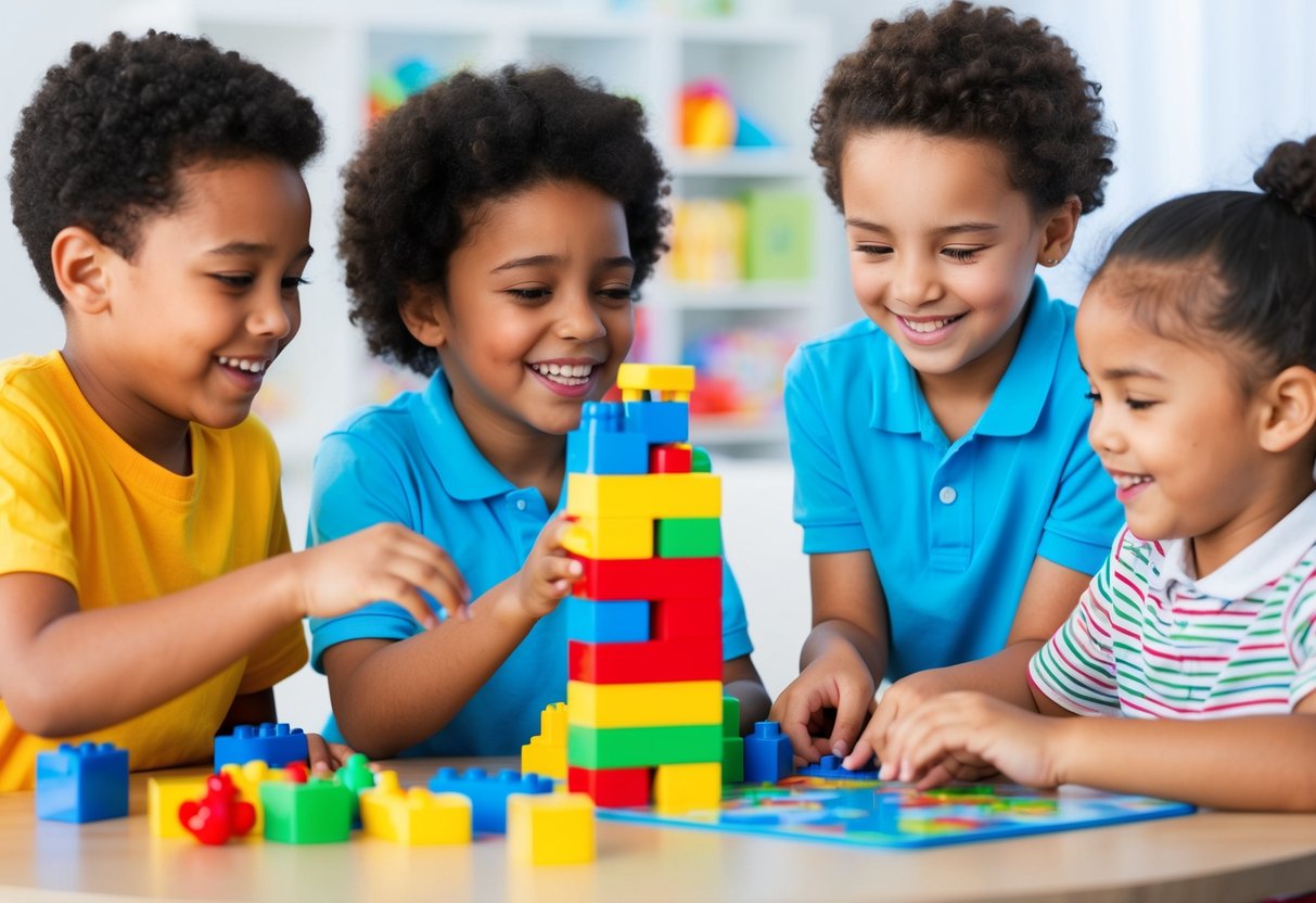 Children playing together, sharing toys, and taking turns. Building a tower with blocks and working together to solve a puzzle. Smiling and laughing while engaging in cooperative activities