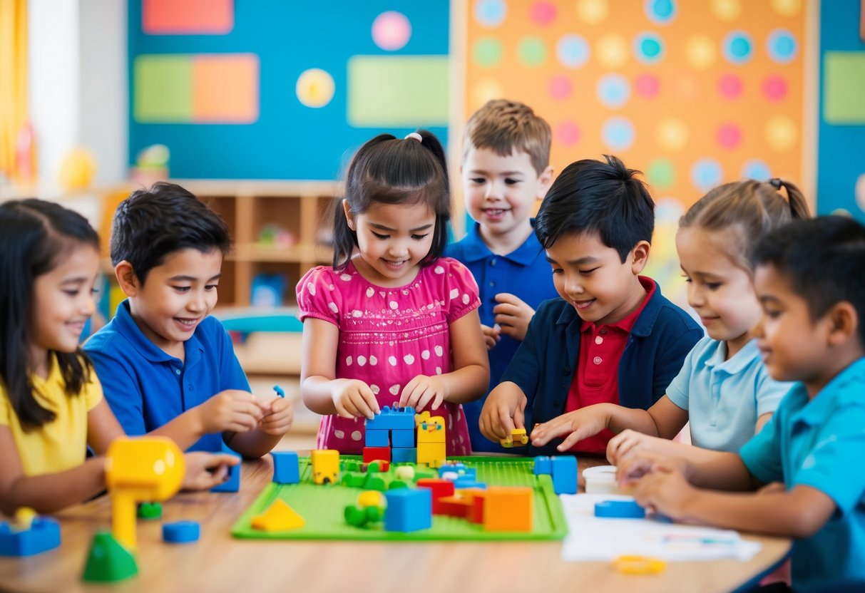 A group of children engaging in various social activities, such as playing games, sharing toys, and working together on a project, demonstrating self-confidence and the development of social skills