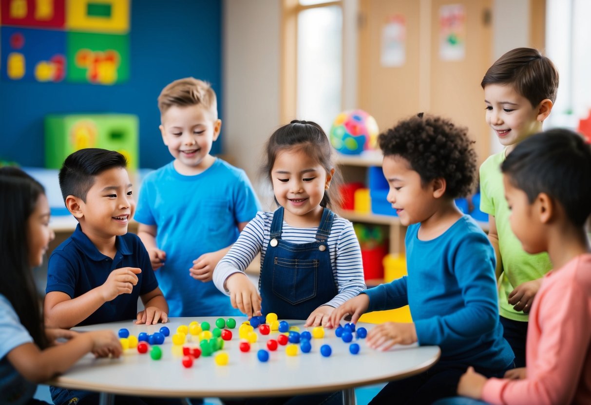 Children playing and interacting in a social setting, learning communication skills through various activities and games