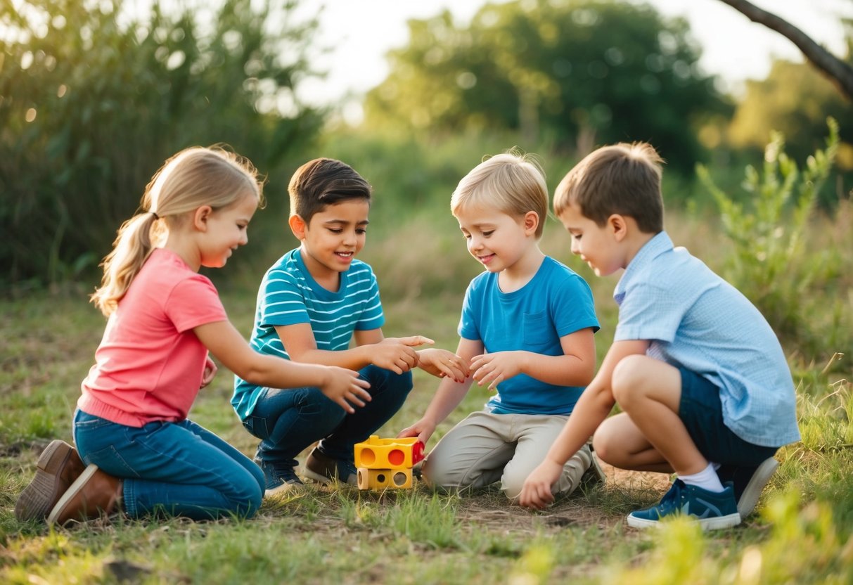 Children playing and interacting in a natural outdoor setting, demonstrating social skills and communication