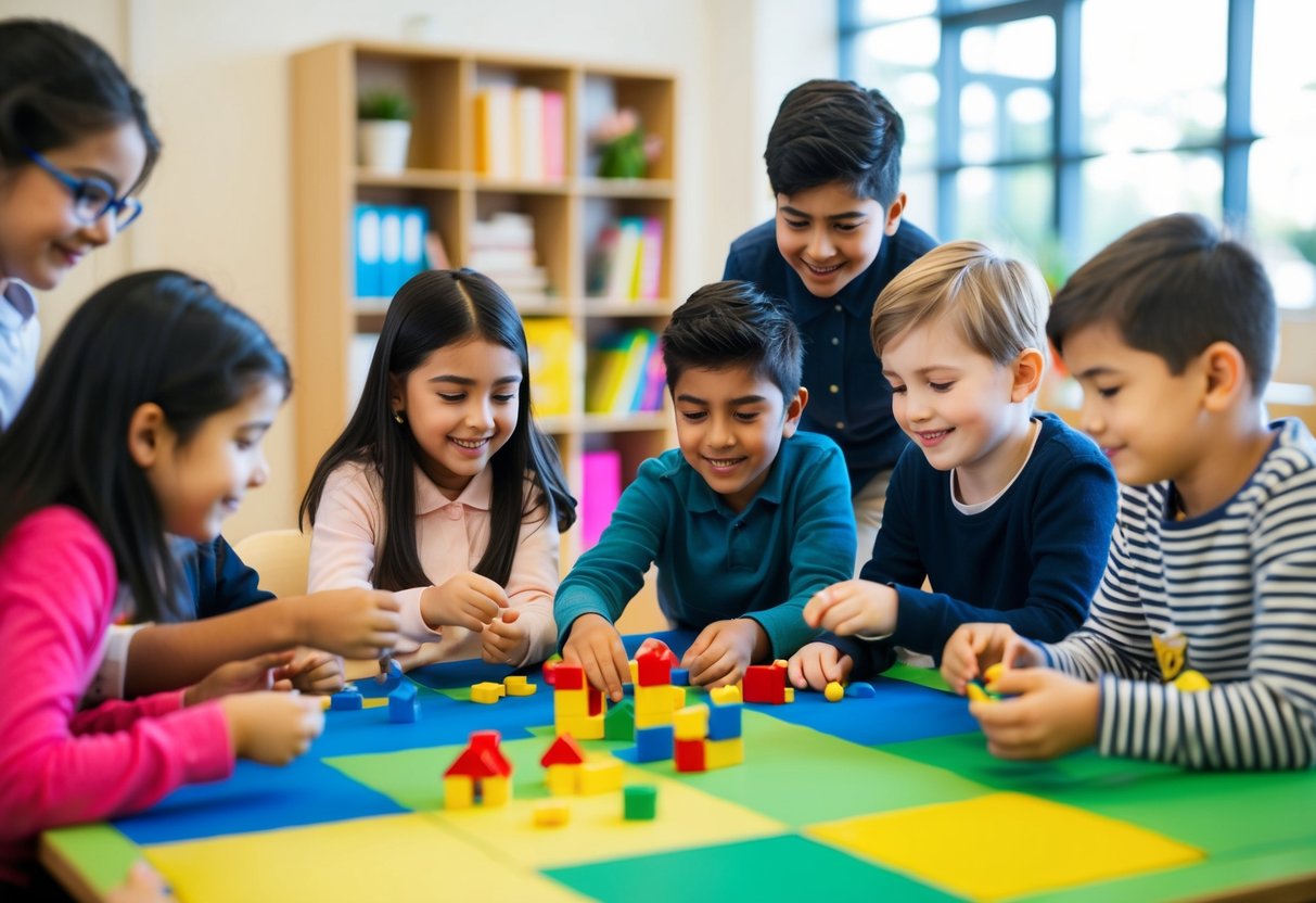 A group of children engage in various social activities, such as playing games and working together on a project, to develop their communication and social skills