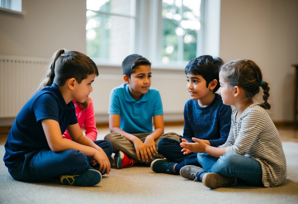 A group of children sitting in a circle, engaging in a discussion. One child is listening attentively while another is offering comfort with a supportive gesture